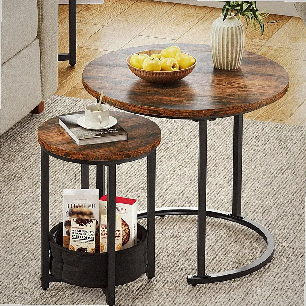 Couchtisch Set 2 rund HolzMetal Modern mit Stofftasche Wohnzimmer Tisch