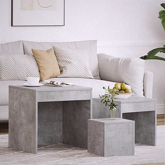 Couchtisch Set 3tlg Satz, Betongrau Ingenieurholz 45x45x45cm Modern.