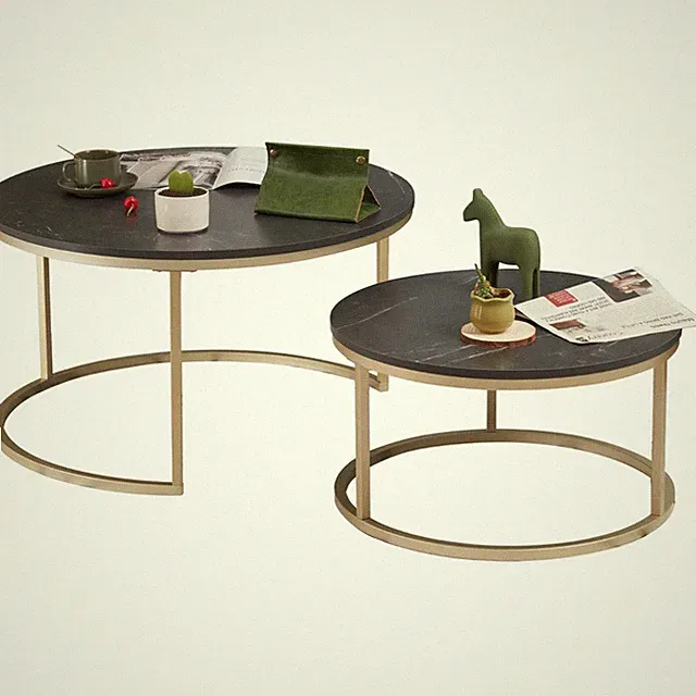 Couchtisch Set Wohnzimmer Marmor Rund Modern Gold Weiß 2 Stück