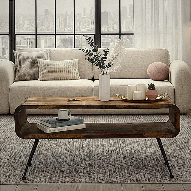 Couchtisch Sheesham Massiv Metallbeinen 100cm Industrial Retro Wohnzimmertisch