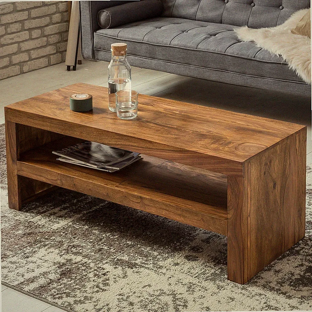 Couchtisch Sheesham Massivholz 110cm Rechteckiger Wohnzimmertisch mit Ablage