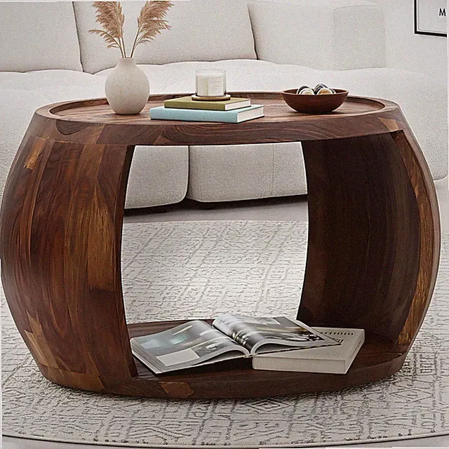 Couchtisch Sheesham Massivholz rund 60 cm Wohnzimmertisch Ablagefach Landhaus