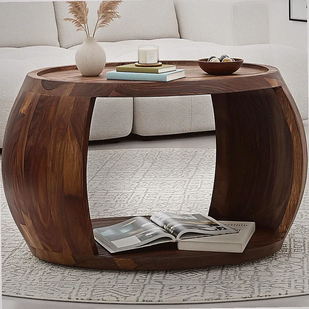 Couchtisch Sheesham Massivholz rund 60 cm Wohnzimmertisch Ablagefach Landhaus