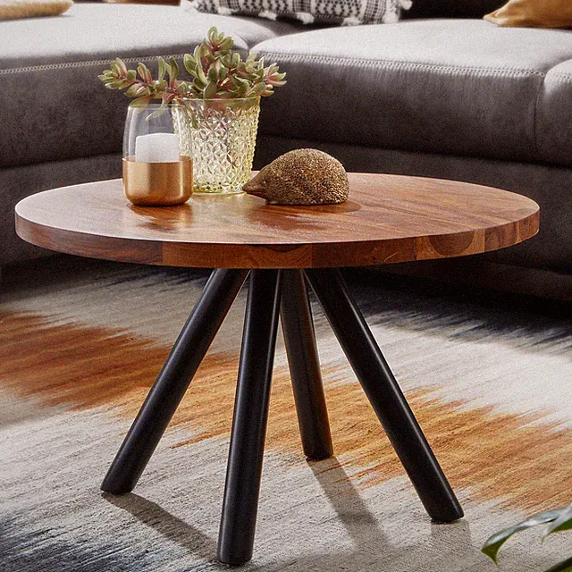 Couchtisch Sheesham Massivholz rund Ø60cm Wohnzimmertisch Metallbeine Industrial