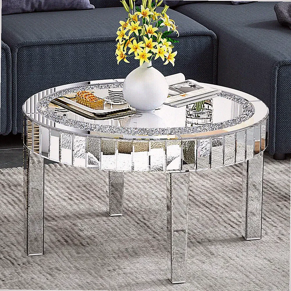 Couchtisch Silber rund verspiegelte Wohnzimmertisch Glastisch 60cm Beistelltisch