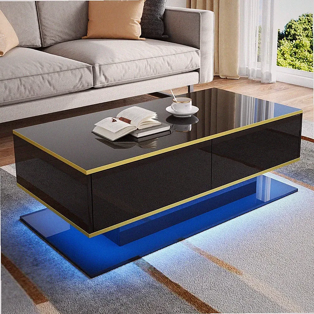 Couchtisch Sofatisch Wohnzimmertisch mit LED Beleuchtung 3 Schubladen Hochglanz