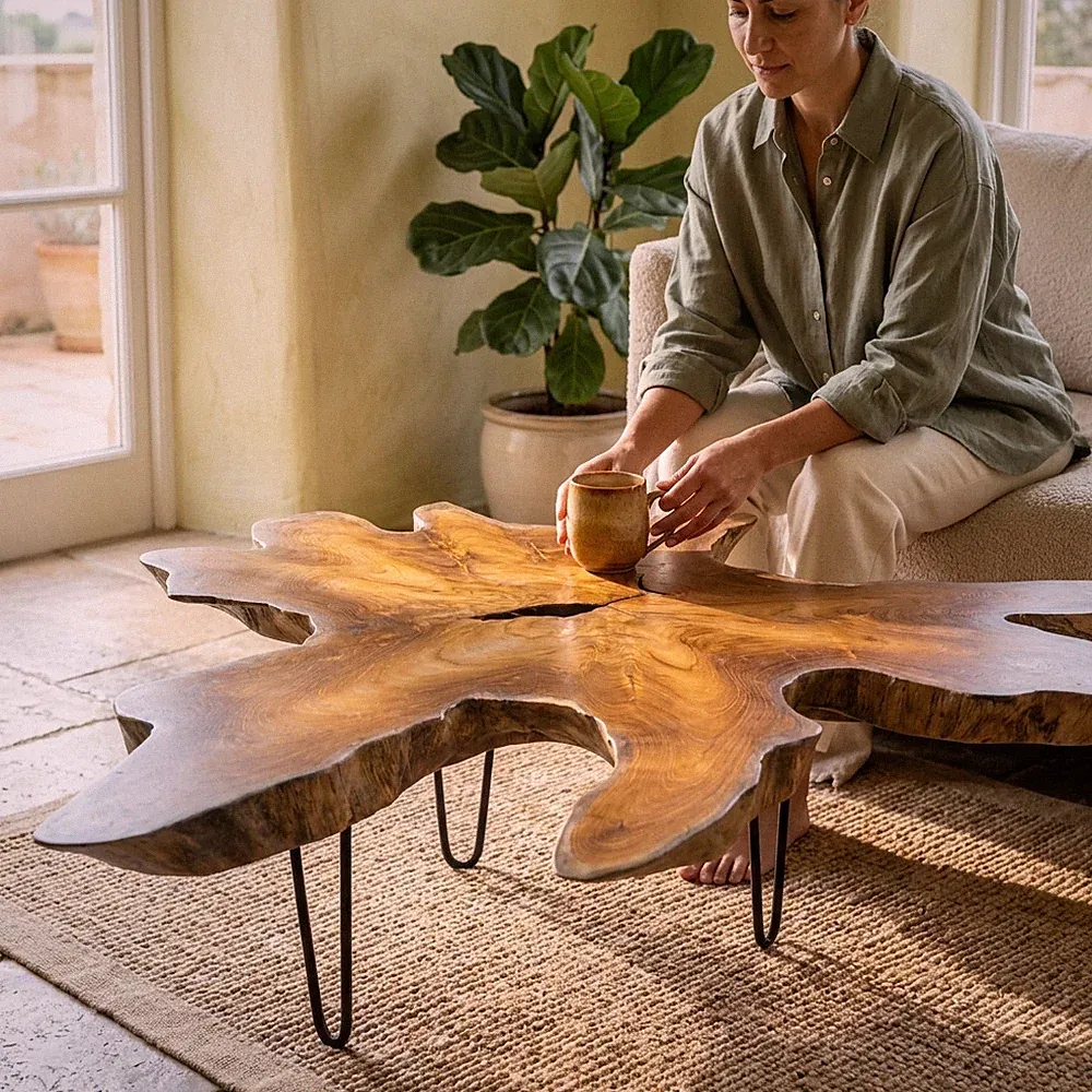 Couchtisch Teak Wurzelholz Baumscheibe Massiv Hairpin Beine Wohnzimmer Baumkante