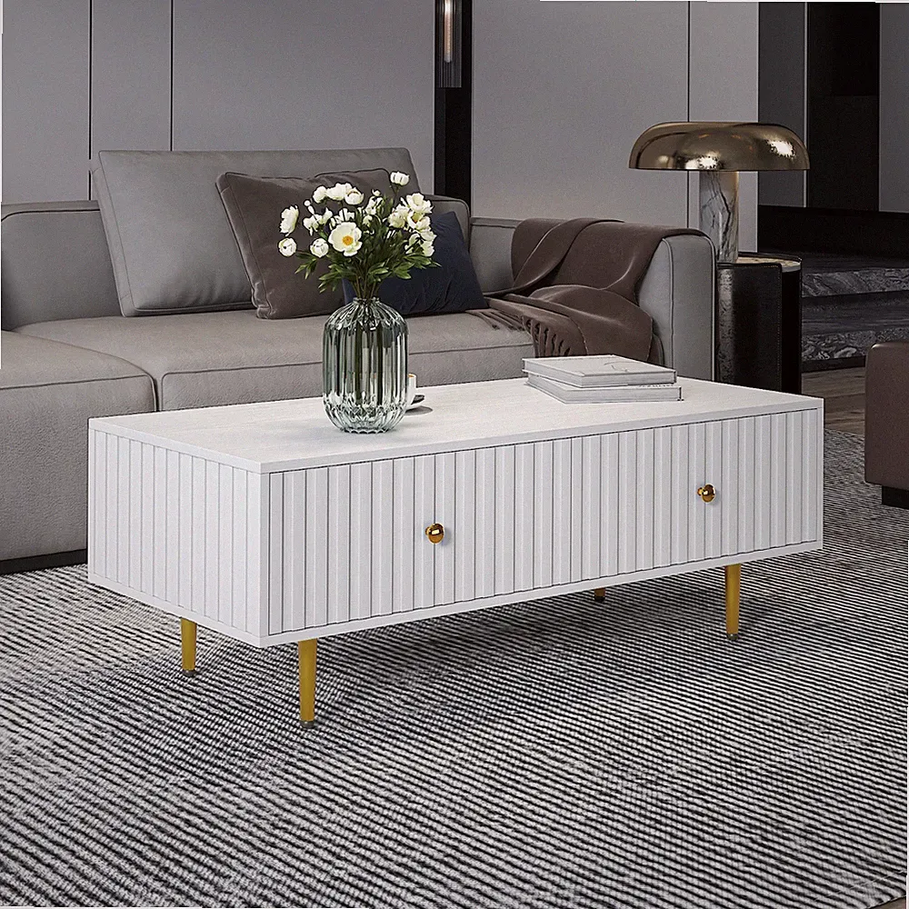 Couchtisch Weiß Kaffeetisch Sofatisch Wohnzimmer Beistelltisch mit 2 Schubladen