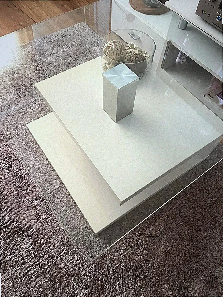 Couchtisch Weiß rechteckig mit Glasplatte, modern glänzend 65x65x60cm