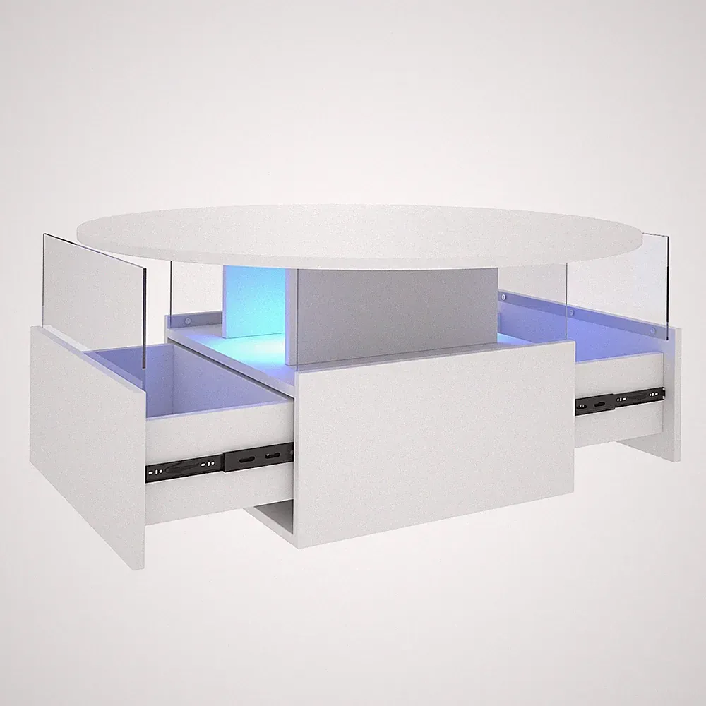 Couchtisch, Wohnzimmertisch Beistelltisch rund mit 2 Schubladen LED-Beleuchtung