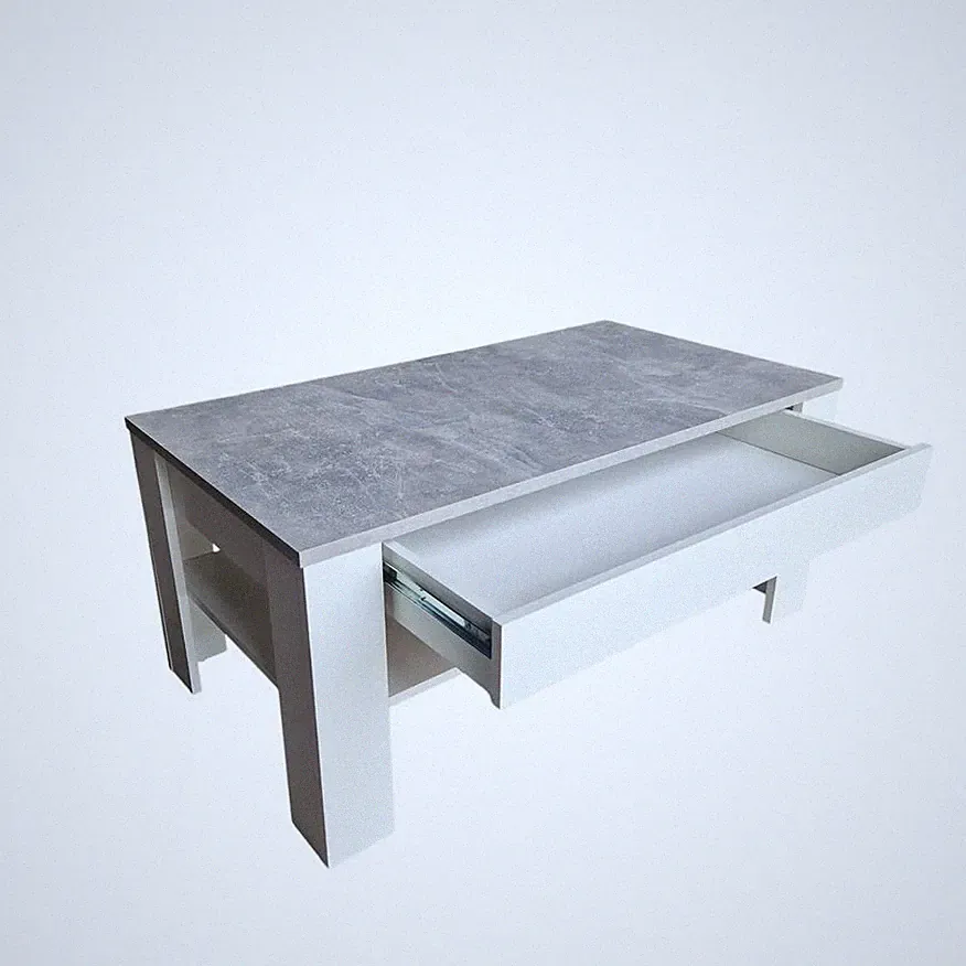 Couchtisch Wohnzimmertisch Ewa 100 x 54 cm Weiß mit Schublade Beton Platte Neu