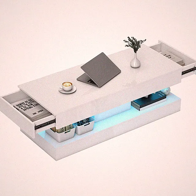 Couchtisch Wohnzimmertisch Hochglanz mit LED Beleuchtung, Stauraum Weiß
