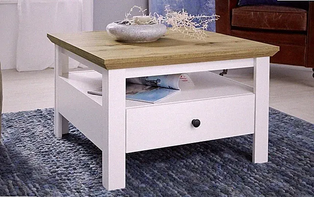Couchtisch Wohnzimmertisch Landhaus Beistelltisch mit Schublade Eiche weiß 70 cm