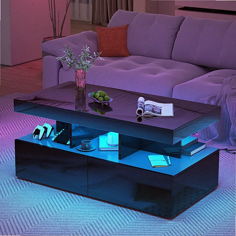 Couchtisch Wohnzimmertisch Sofatisch mit LED Beleuchtung & 2 Schubladen Schwarz