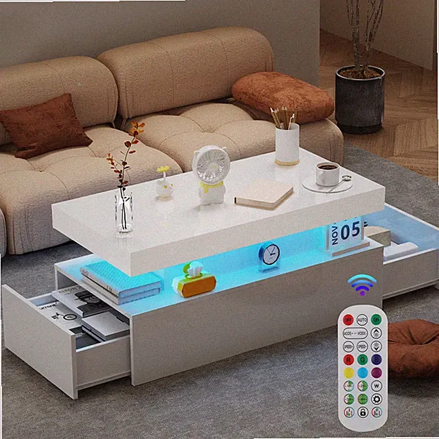 Couchtisch Wohnzimmertisch Sofatisch mit LED Beleuchtung und 2 Schubladen Weiß