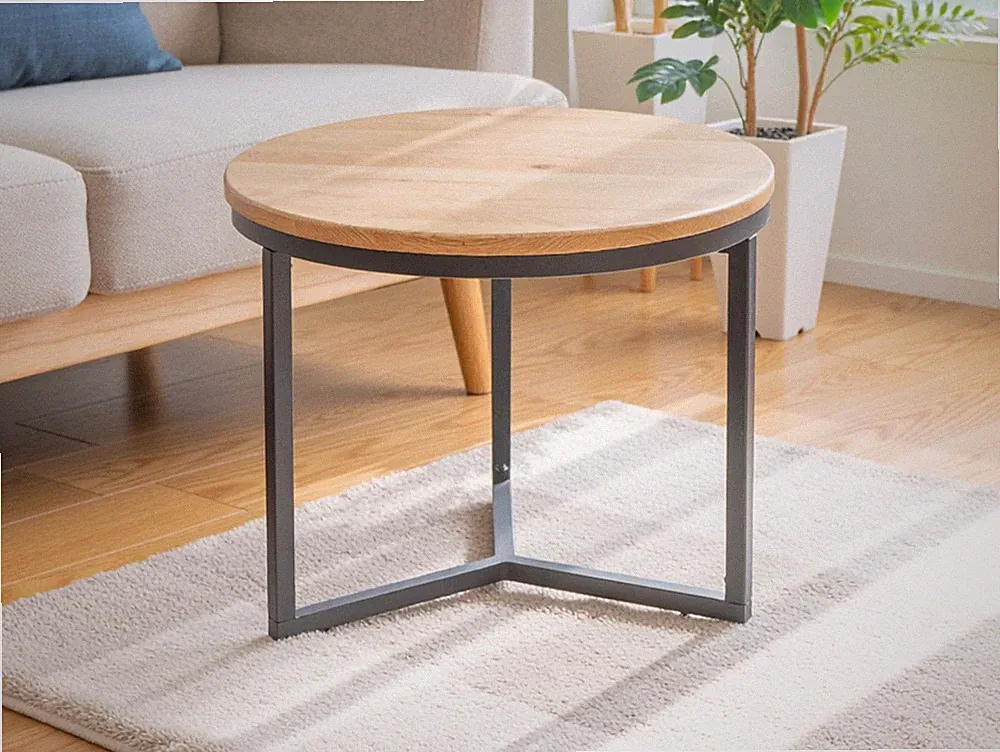 Couchtisch Wohnzimmertisch THILO Metallgestell Massivholz Eichenholz Ø 50cm rund