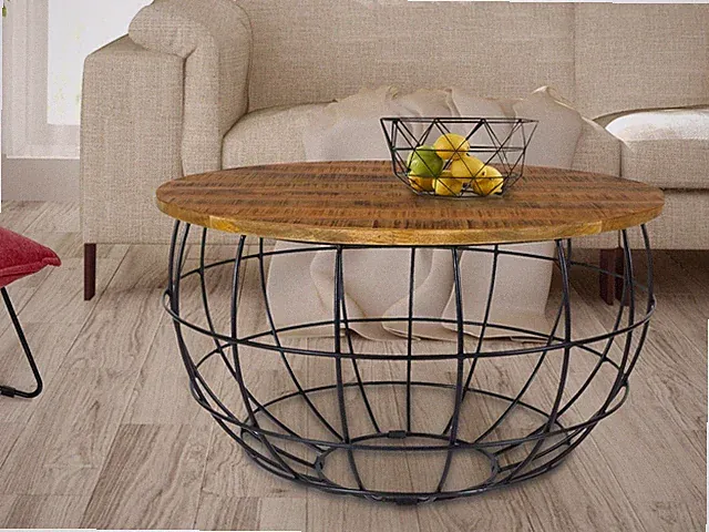 Couchtisch XXL rund ø 75 cm Gestell Metall Holzplatte massiv Wohnzimmer-Tisch