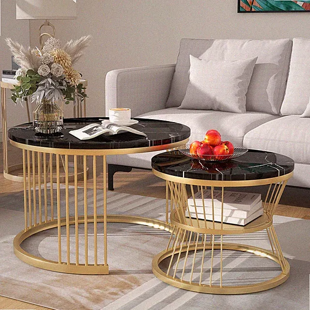 Couchtische 2er Beistelltisch Marmor,Optik Wohnzimmer Satztisch Rund Schwarz