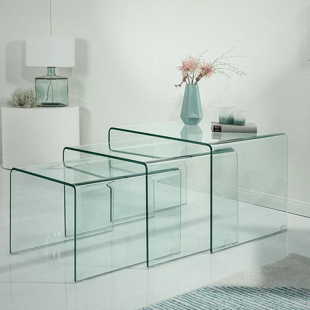 Design 3er Set Glas Couchtisch FANTOME 60cm Beistelltische transparent Tisch