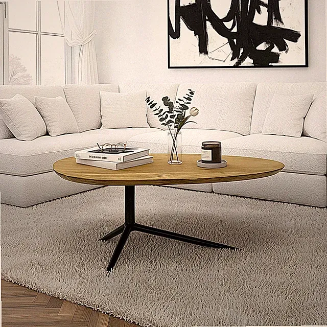 Design Couchtisch Akazie Massivholz 87cm oval Wohnzimmertisch Metallgestell