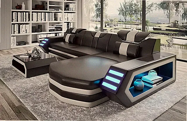 Design Ecksofa Wohnzimmer Möbel Eckcouch Lederpolster Couch Sofa L Form + Tisch
