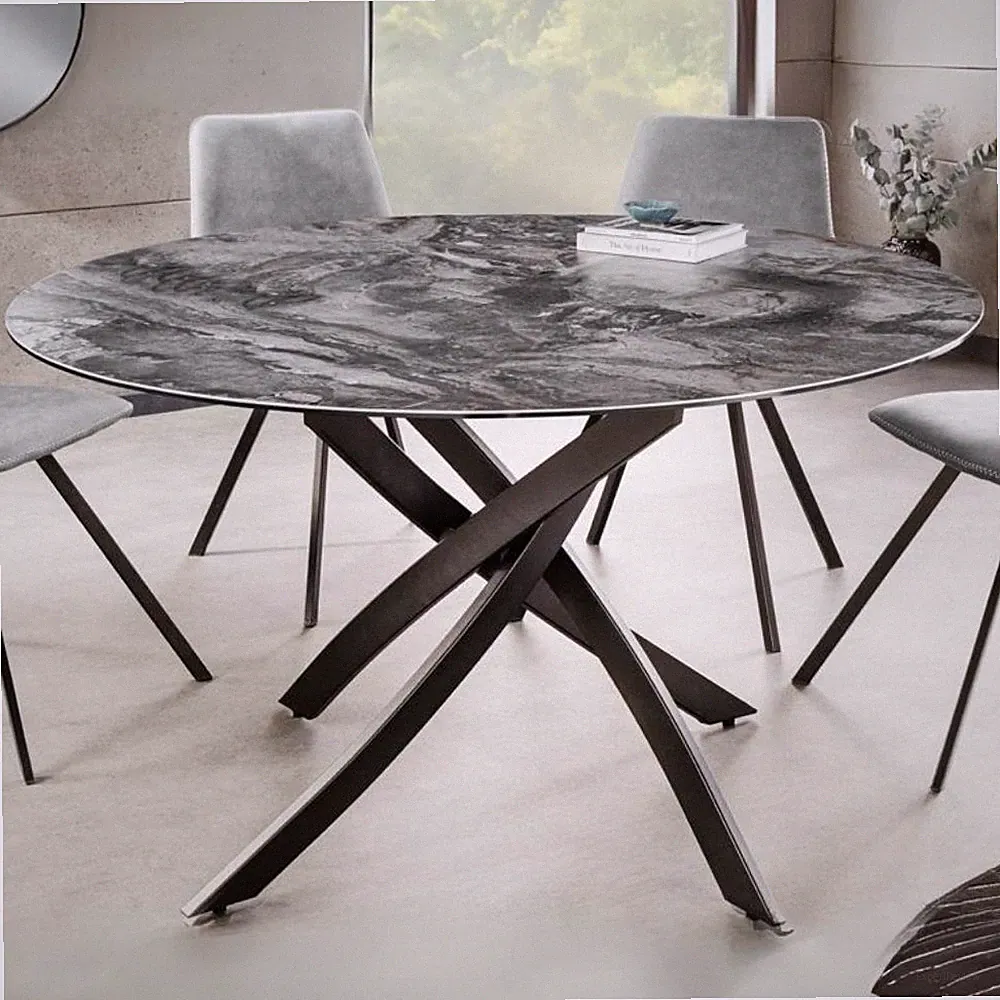 Design Esstisch AMICA 120cm taupe Marmor-Optik Keramik schwarzes Metall-Gestell