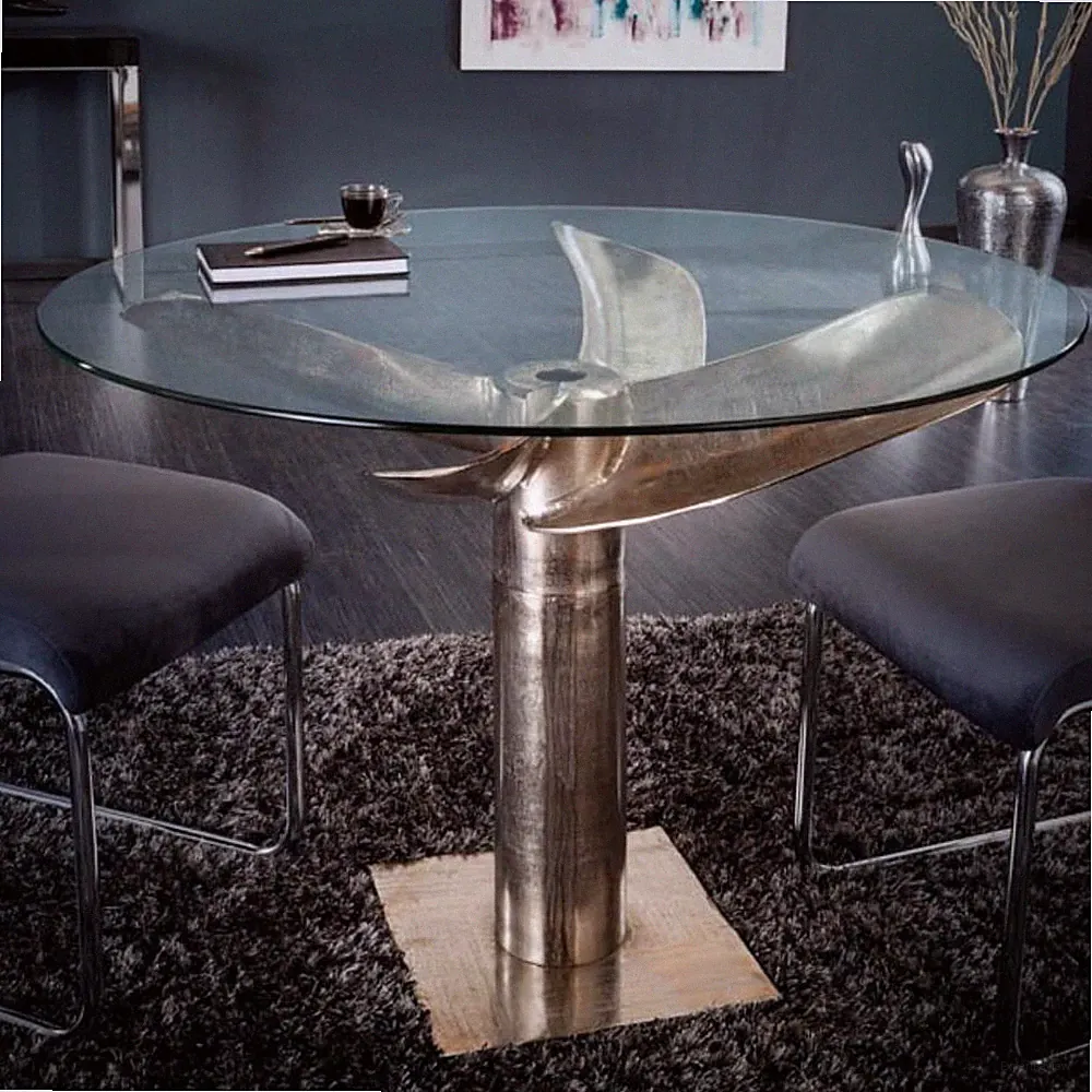 Design Esstisch ELICA 105cm silber Aluminium Schiffsschraube Maritim Glasplatte