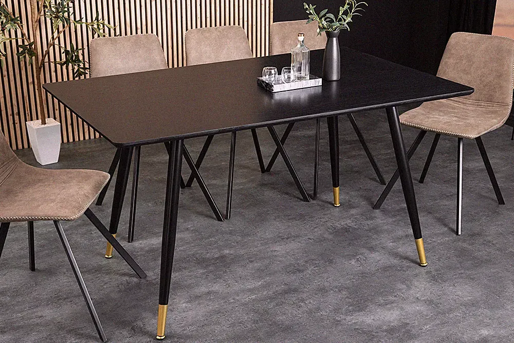 Design Esstisch PARIS 120cm schwarz Eichenholz mit goldenen Fußkappen
