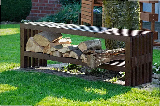 Design Gartenbank + Kaminholzregal Brennholzlager Sitzbank Bank Stauraum Braun