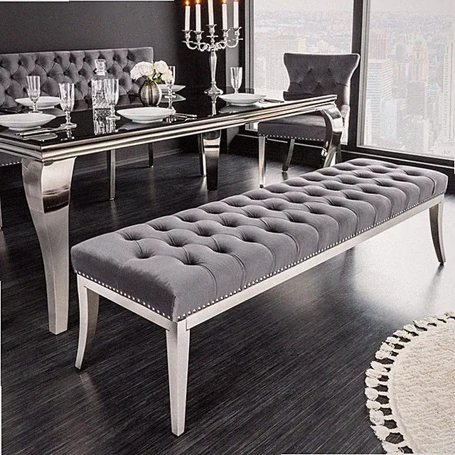 Design Sitzbank CASTLE DELUXE 165cm grau Samt silber Edelstahl gepolstert Bank