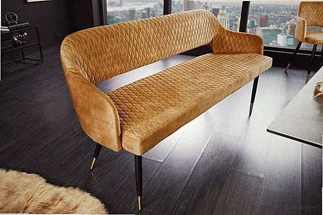 Design Sitzbank PARIS 160cm greige Samt R�ckenlehne goldene Fu�kappen Retro