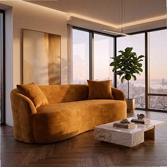 Design Sofa ARCO senfgelb modern 2-Sitzer Couch Samt 180 cm Federkern