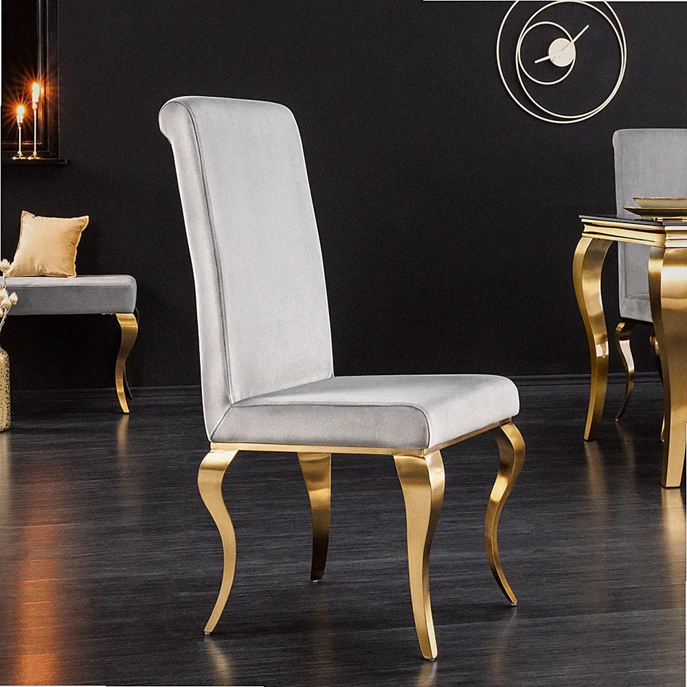 Design Stuhl MODERN BAROCK grau Samt goldene Stuhlbeine Esszimmerstuhl Samtstuhl