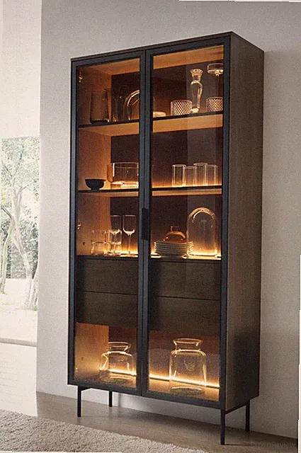 Design Vitrine Eiche Dunin & Schwarz LED 2 Türen 2 Schubladen Wohnzimmerschrank