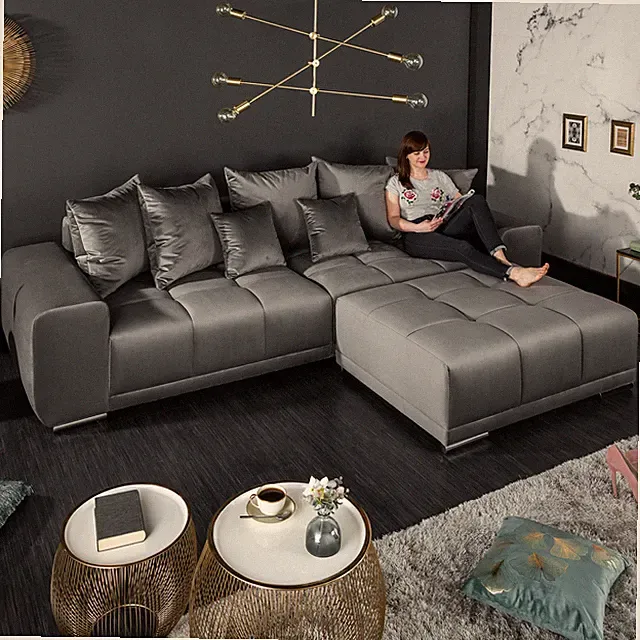 Design XXL Sofa ELEGANCIA 285cm Silbergrau Samt inkl. Kissen Couch 3-Sitzer Big