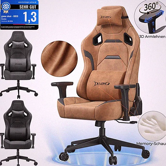 DEVOKO 3Farben Gaming Stuhl 200kg Memory-Schaum 3D Armlehnen Klasse 4LANT 19Rohr