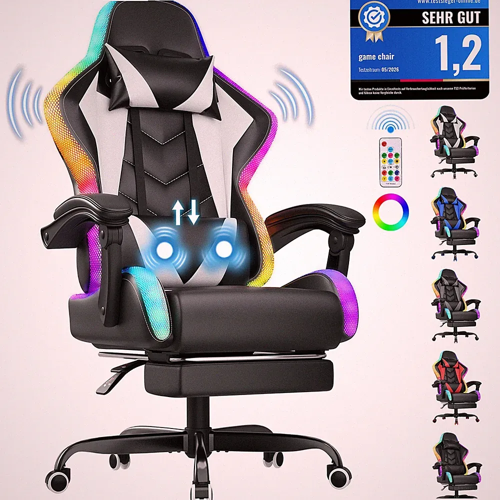 DEVOKO RGB-ergonomisch-Gaming Stuhl mit Massage & Fußstütze,Bürostuhl,150kg,new