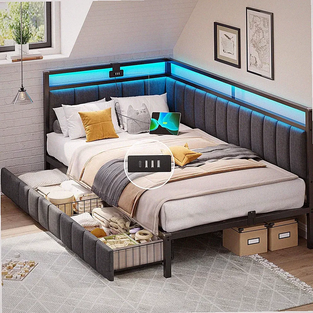 DICTAC Polsterbett Schlafsofa 90X200 Mit Led-Beleuchtung Und Usb-Ladestation, Ju