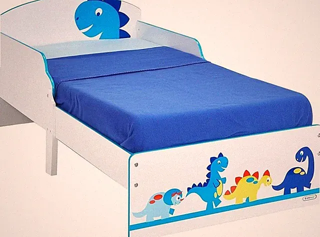 Dinosaurier Kinderbett Kleinkindbett blau / weiß 140 x 70cm