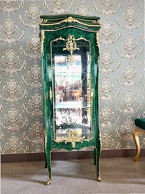 Display Cabinet French Baroque Showcase Emerald Green Handmade Vitrine Home Deco