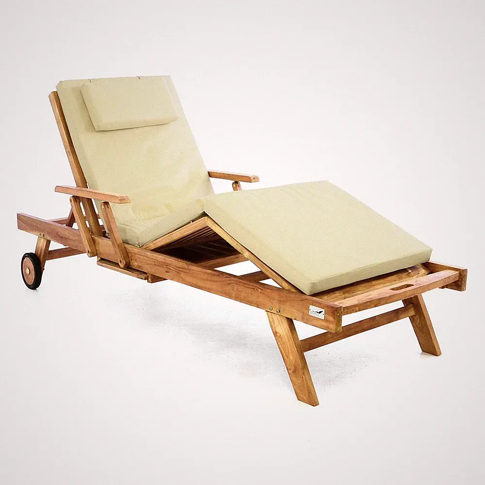 DIVERO Sonnenliege Gartenliege Liegestuhl Räder Tablett Teakholz Auflage creme