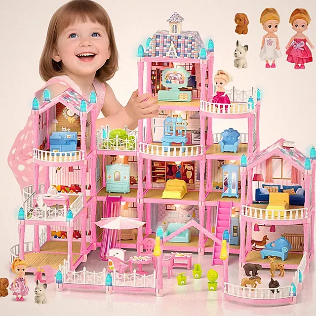 DIY Pink Villa Puppenhaus 4-Stöckig Bausteinen mit Figuren Möbel für Mädchen 6+