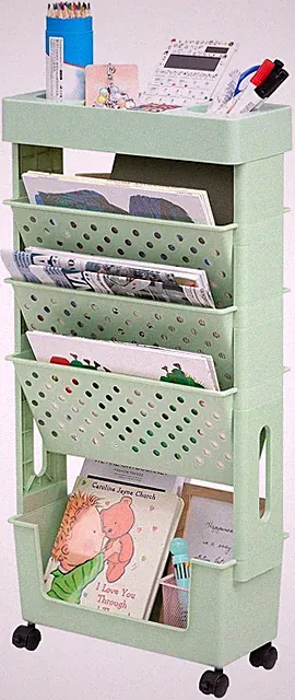 DOEWORKS Mobiles Bücherregal Rollen Bastelwagen Klein Bücherwagen 5 Ebenen B