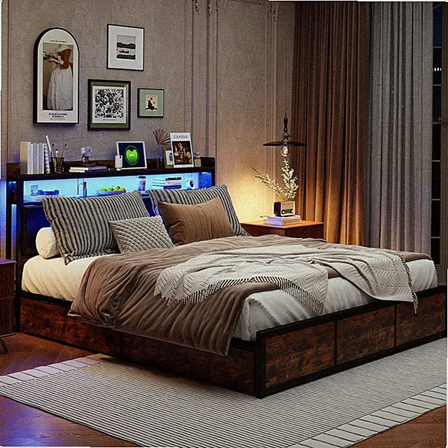 Doppelbett 140x200cm Polsterbett LED Bettgestell Metallbett mit 4 Schubladen