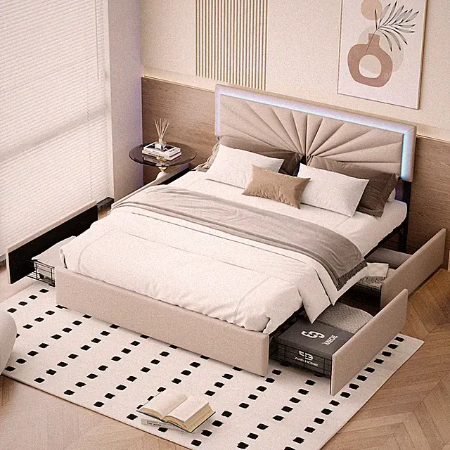 Doppelbett 160x200cm Polsterbett LED Bettgestell mit 4 Stauraum Schubladen Beige