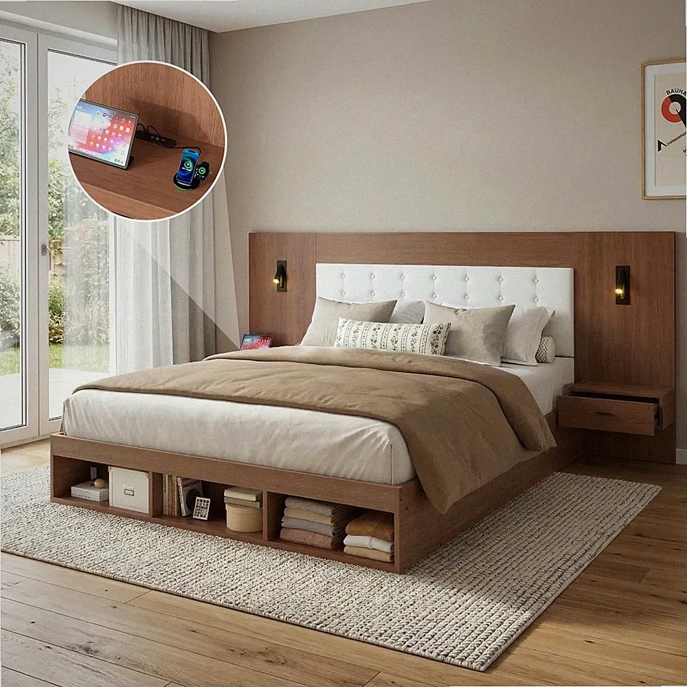 Doppelbett 180x200 Walnuss mit 2 Nachttischen USB Type-C Leselampe Stauraum