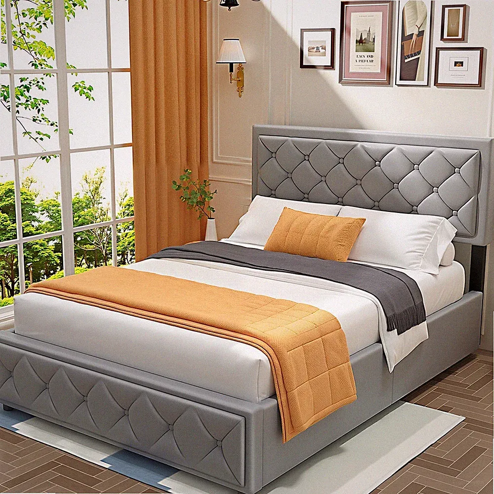 Doppelbett, gepolstert, mit Stauraum unter dem Bett, aus Leder, 140 × 200 cm