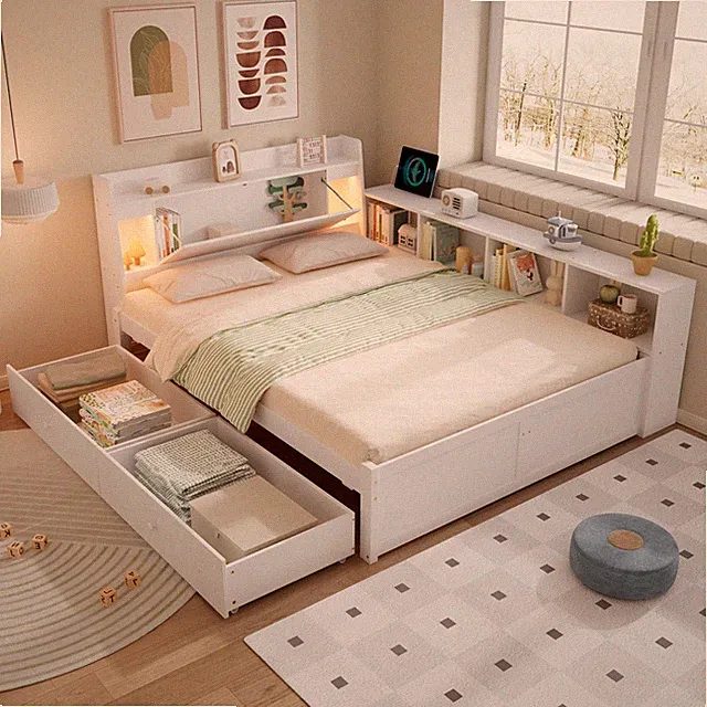 Doppelbett mit Staufach, Licht mit Ladebuchse, seitliche Stauschubladen.