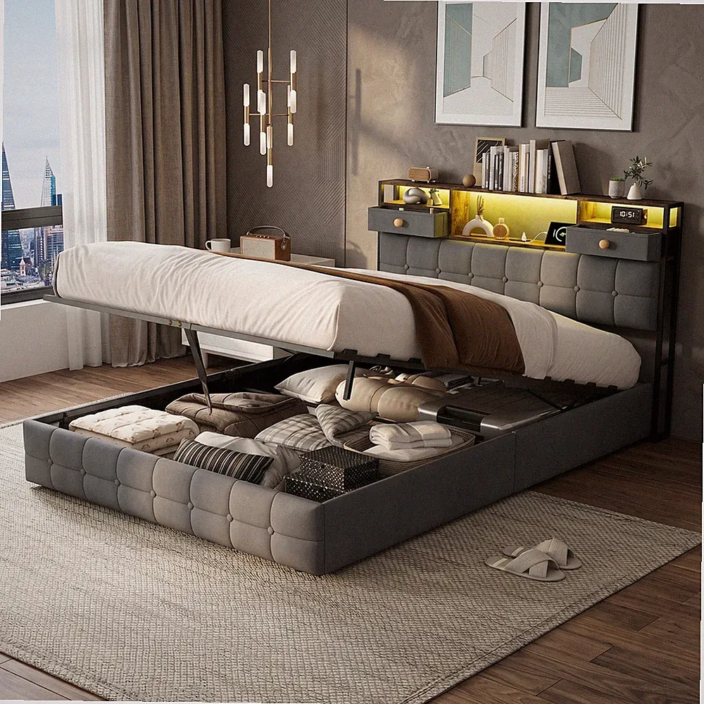 Doppelbett Polsterbett 140x200 cm mit Bettkasten mit LED USB Kopfteil Bettrahmen