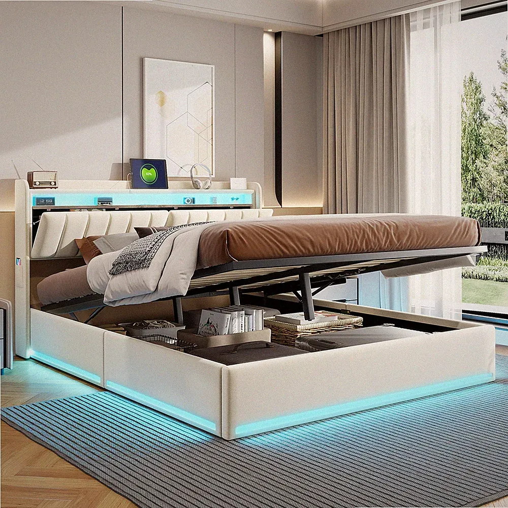 Doppelbett Polsterbett 140x200 cm Stauraumbett mit Bettkasten LED&USB Lattenrost